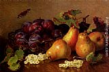 Famous Plums Paintings - Still Life With Pears, Plums In A Glass BowlAnd White Currants On A Table